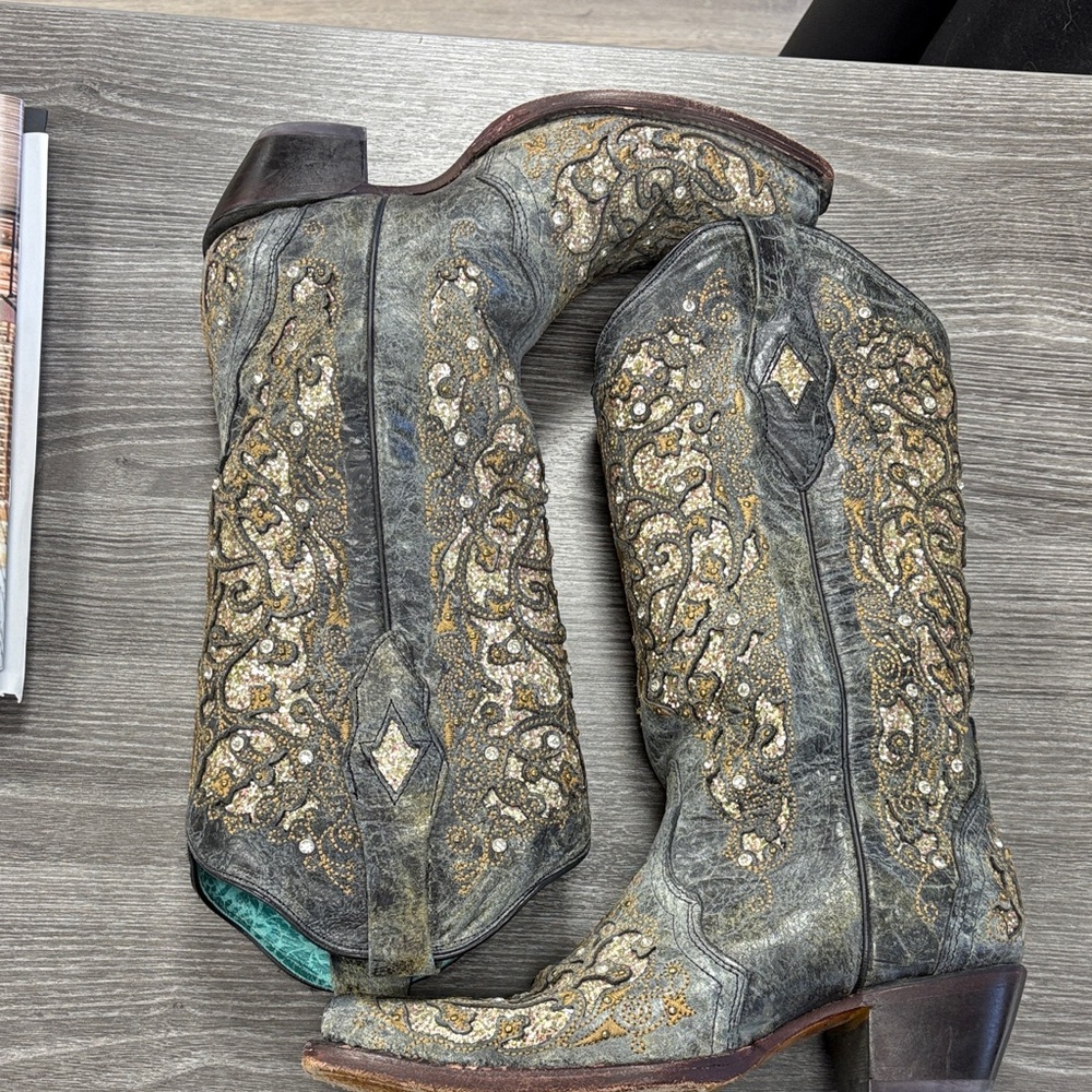 Embellished Black and Gold Heeled Boots - Picture 2 of 4